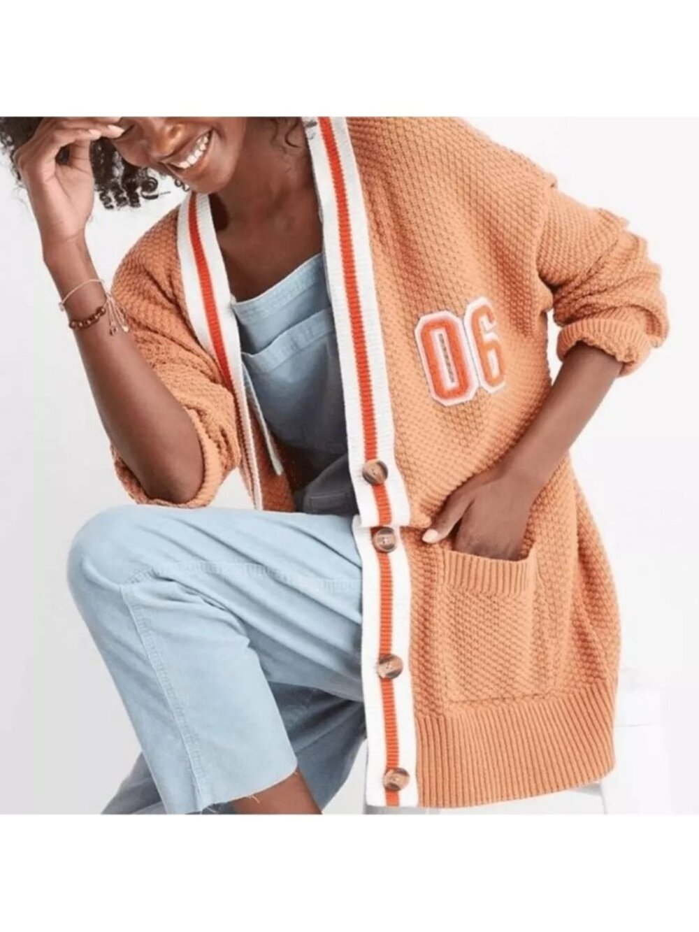 Aerie Cardigan Small  Oversized Varsity Waffle Knit Brown Orange Preppy Tennis